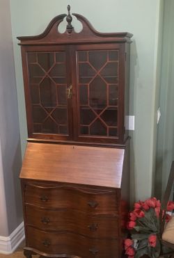 VINTAGE ANTIQUE Solid Mahogany Traditional Style 34" Secretary Desk w. Bookca...