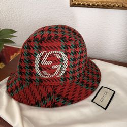 GUCCI Red & Green WOOL HOUNDSTOOTH  Bucket Hat Size M 