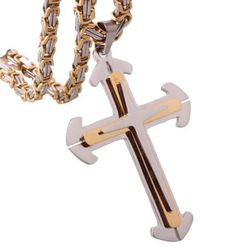 Three Layer Cross Pendant With Byzantin Chain Necklace Stainless Steel Gold And Silver Christian Jewelry.