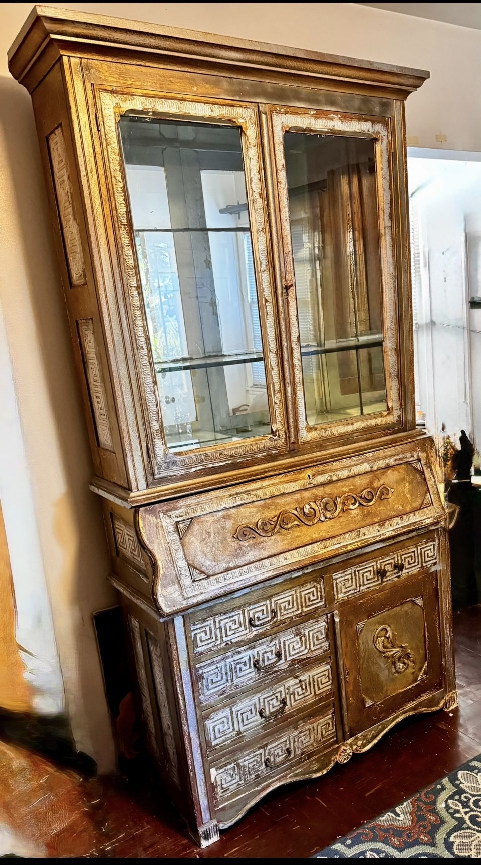 SECRETARY DESK WITH BOOK CABINET (Mirror Walls) 2 Pc GENUINE VINTAGE ANTIQUE