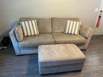 Gray Chenille Sofa with Ottoman and Pillows