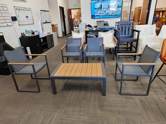 Modern Aluminum Outdoor Patio Wood Grain Rectangle Coffee Table.  Aluminum Patio Armchairs, All Weather Patio Furniture for Backyard, Deck, Poolside