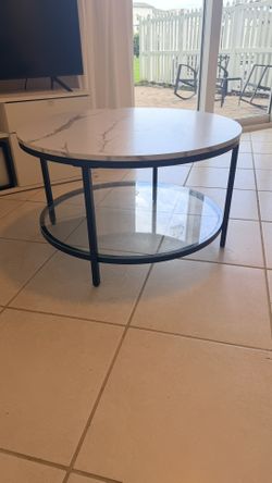 Modern Round Coffee Table – Faux Marble Top & Glass Shelf