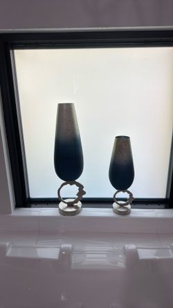 Set of 2 Blue and Silver Ombre Glass Vases on Metal Stands