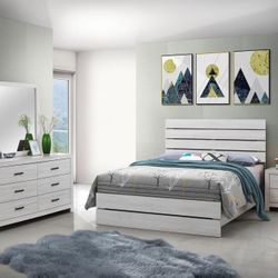 Four piece, queen bedroom set with queen, bed frame, dresser mirror, and nightstand