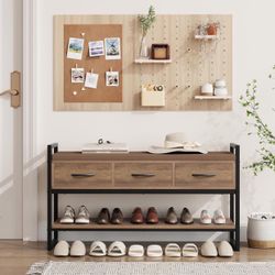 Shoe Bench, 39.4" Shoe Storage with Cushion, Industrial Rack Organizer with Fabric Drawers for Entryway, Hallway, Brown