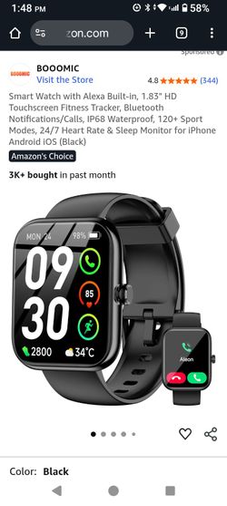 Smart Watch with Alexa Built-in, 1.83" HD Touchscreen Fitness Tracker, Bluetooth Notifications/Calls, IP68 Waterproof, 120+ Sport Modes, & More