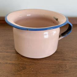 Vintage Pink Enamelware Chamber Pot Bowl Blue Rim Metal