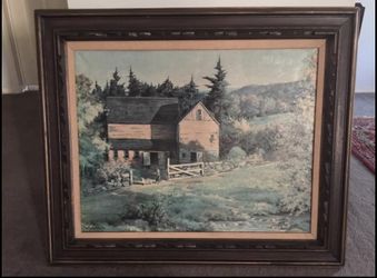 Vintage Large Wood Carved Framed Picture of Barn/Farm/Country/Fishing on Canvas