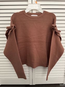 ZARA Girls Brown Solid Knit Crew Neck Pullover Sweater Bow Size 13/14