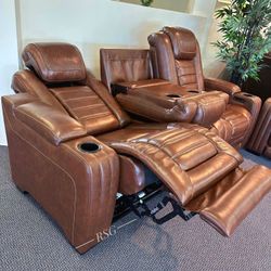 Real Leather Power Reclining Brown Leather Power Reclining Sofa, Loveseat 👑 Color Options Heat And Massage Couch 