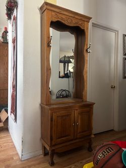 Oak Hall Tree with Mirror and Cabinet