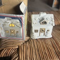 vintage porcelain winter cottage tea light candle holder.  It