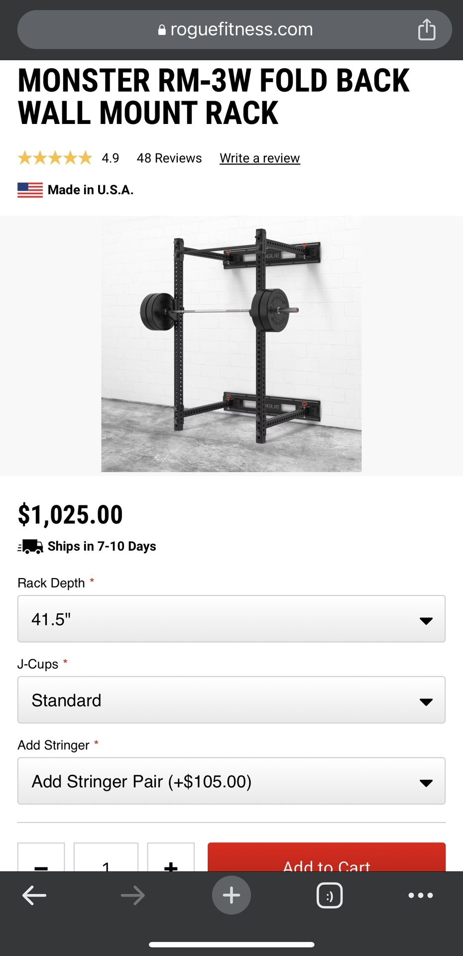 Single Mount Rack Stringer Rogue Fitness RM-3W Fold Back Wall Mount Rack 41.5
