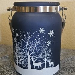 Navy Blue Winter Deer Snowflakes Candle Holder Lantern