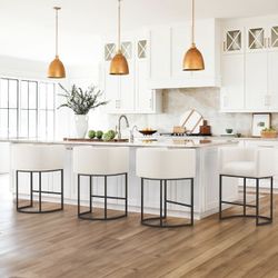 LUE BONA 27" H Counter Height Bar Stools Set of 4, Modern Barrel Counter Stools with Backrest and Arms, Black Metal Frames, Linen Fabric Upholstered A