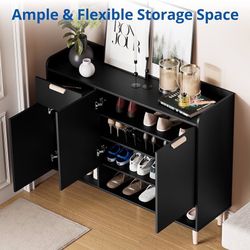 🔥 Shoe Storage Cabinet with Doors & Drawer, Slim Shoe Organizer with Adjustable Shelves, Freestanding Wood Shoe Rack for Entryway Hallway Living Room