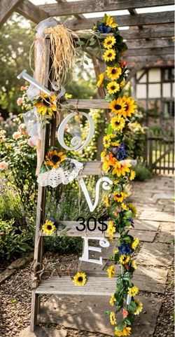 Decorative Wooden Ladder with Sunflower Garland