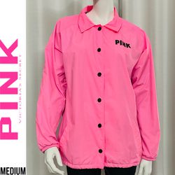 Victoria's Secret Pink Coach Anorak Winbreaker Button Up Jacket Neon Pink
