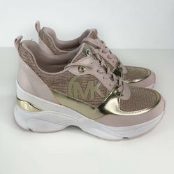 Michael Kors MK Mickey Trainer Wedge Sneakers Woman Size 8.5 Pink & Gold