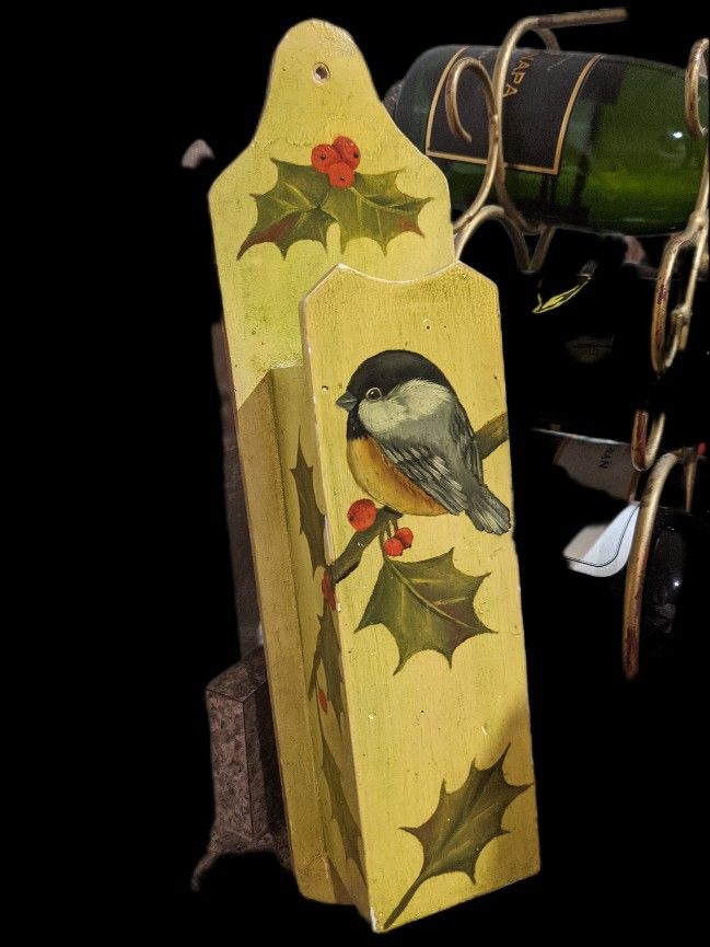 Vintage Hand Painted Wooden Matchstick Holder Fireplace Garden Bird Decoration