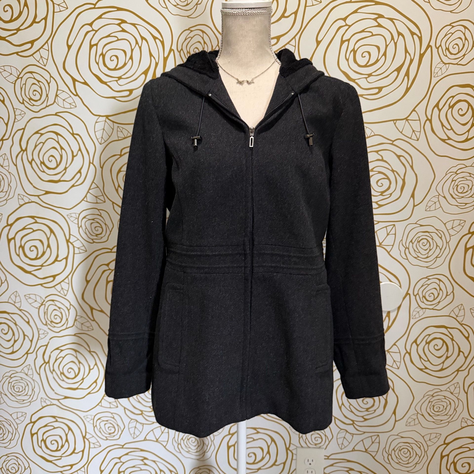 St. John’s Bay Charcoal Wool-Cashmere Blend Hooded Zip Jacket