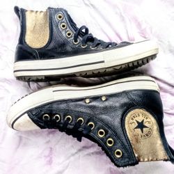 Converse All Star Black And Gold Leather + Faux Fur Lined Size 7 Shoes 