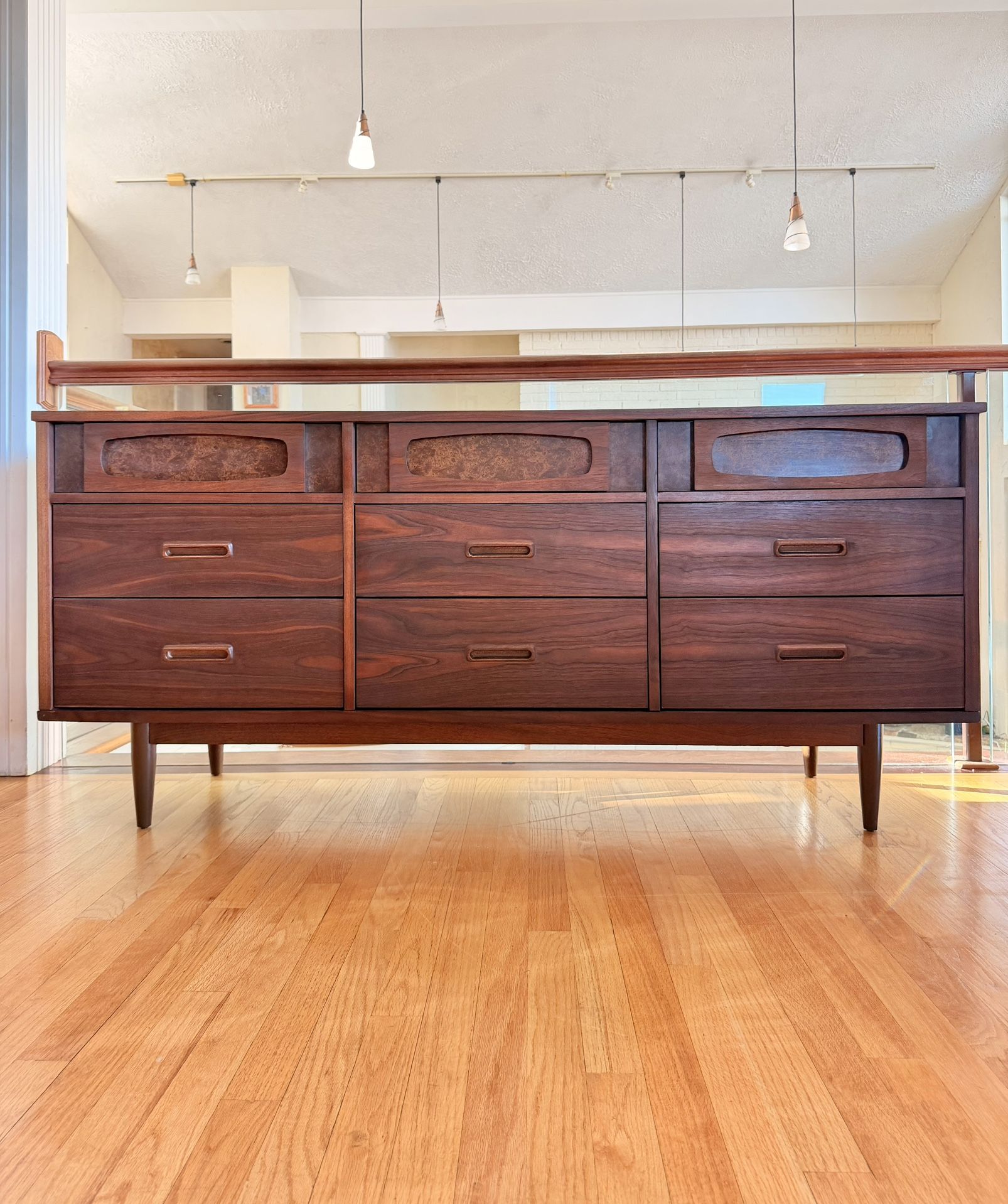9 Drawer MCM Credenza/Dresser Featuring Walnut & Burl wood