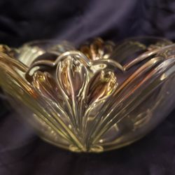 Glass Bowl Engraved Floral Tulip Colors Molded Into Design 9 Inches wide By 7 Inches Deep 