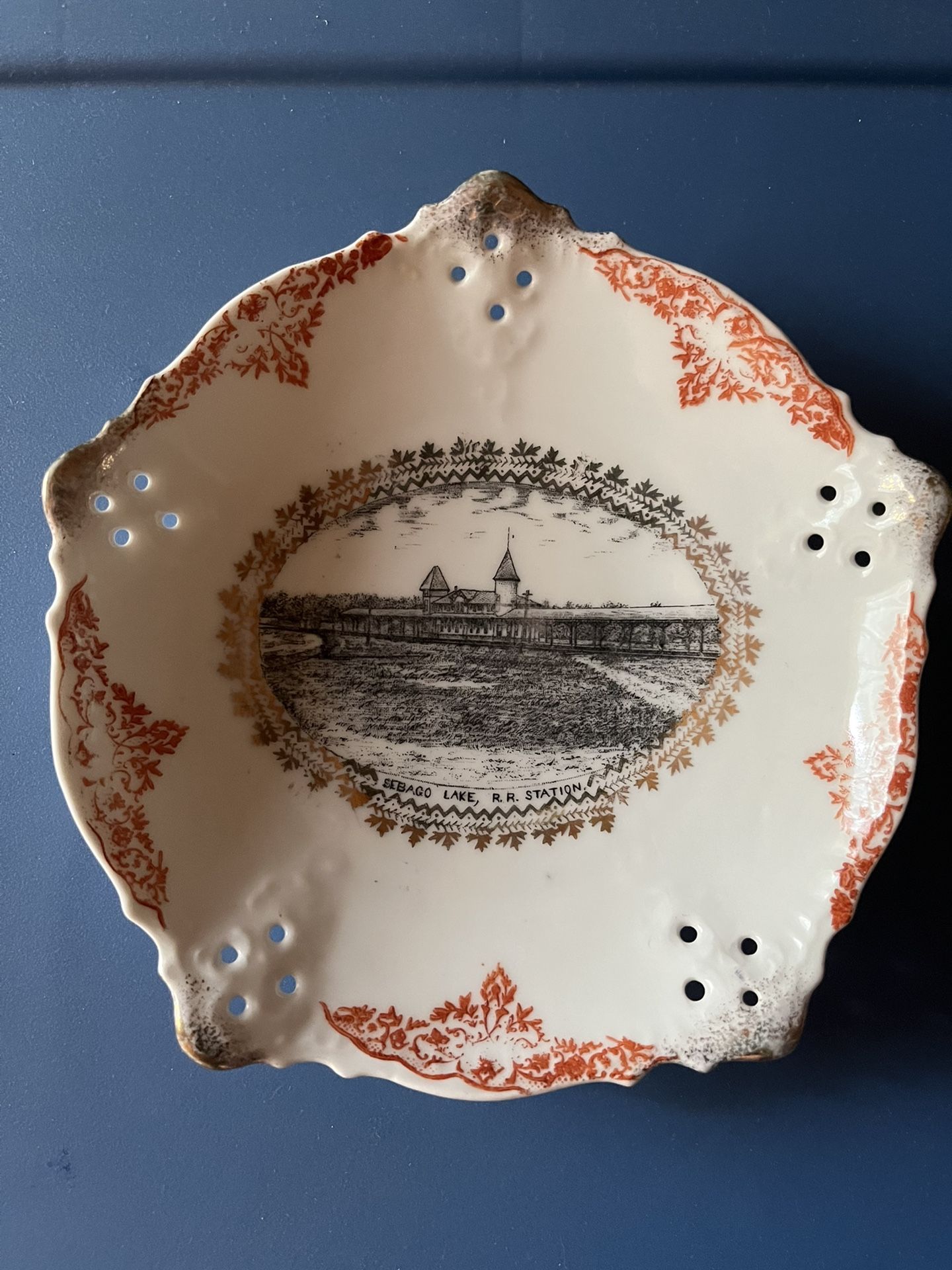 China Bowl With Picture of Train Station In Sebago Lake , Maine in the center with Gold Trim