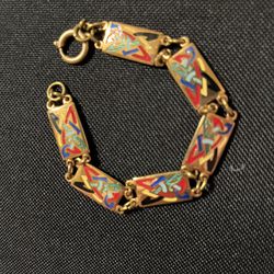 Vintage Brass And Enamel Bracelet Bird Design  Small