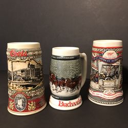 Vintage 3 Piece American 1980’s Budweiser, Coors, & Miller Beer Steins Combo