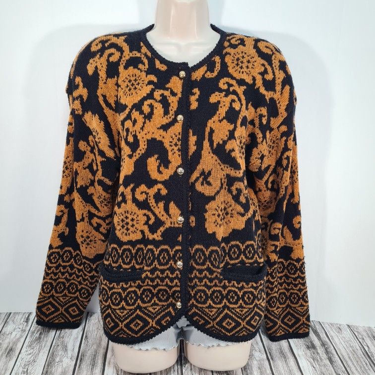 Vintage Tarazzia Button Front Cardigan Sweater Floral Black & Orange Size M
