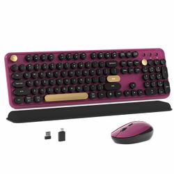 Brand New MPTOG Colorful Wireless Computer Keyboard and Mouse Combo with Round Typewriter Keycaps, Retro Design, Power Switch, Ergonomic Design, 2.4GH