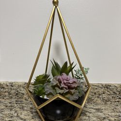 🌿 Geometric Gold Hanging Planter with Faux Succulents