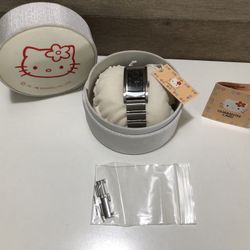 RARE HELLO KITTY Rectangle Face Stainless Steel Silver Finish Women's Watch-BLK