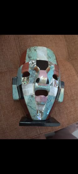 Vintage Handmade Mayan Aztec Mosaic Semi Precious Stone Burial Mask Mexican Folk Art Collectible Decor Abalone, Onyx, Turquoise Onyx