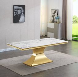White/Gold Marble Dining Table w/ Gold stainless steel pedestal base
