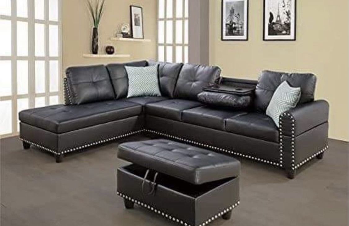 Black Leather Sectional Couch With Drop Down Table