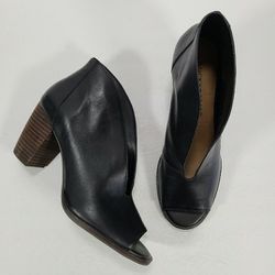 Lucky Brand Joal Black Leather Peep Toe Chunky Heel Booties Women's Size 8W