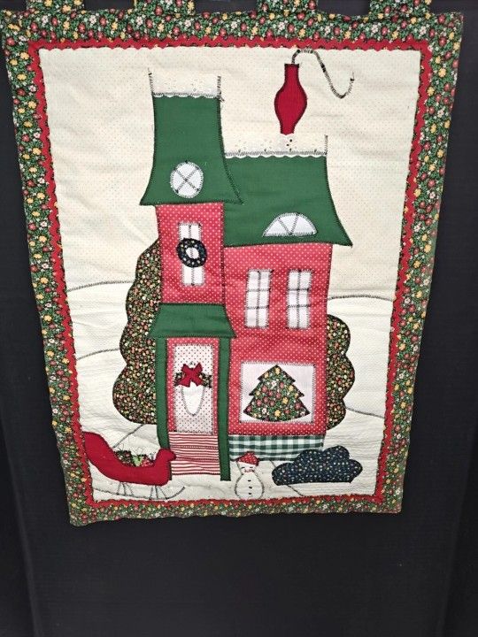 Vintage Christmas Holiday House With Sled & Snowman Wall Hanging Banner Quilt