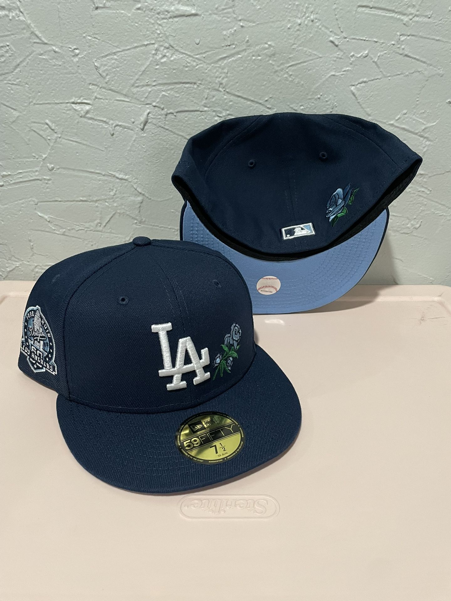 MLB New Era Los Angeles Dodgers Dark Blue 60th Anniversary Patch Rose Patch UV 59fifty Fitted Hats Size 7 3/8 And 7 1/2 