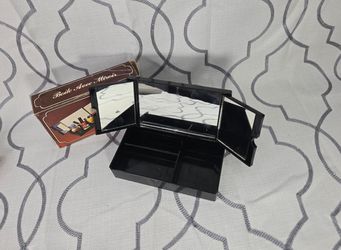 Vintage Asian Trifold Black Plastic Mirror Box Cosmetic Or Jewelry Organizer New