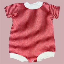 Sears red striped romper bodysuit vintage size small  6-9 months or 15-19 pounds, 100% cotton, guc has some small yellow staining on right side and ma