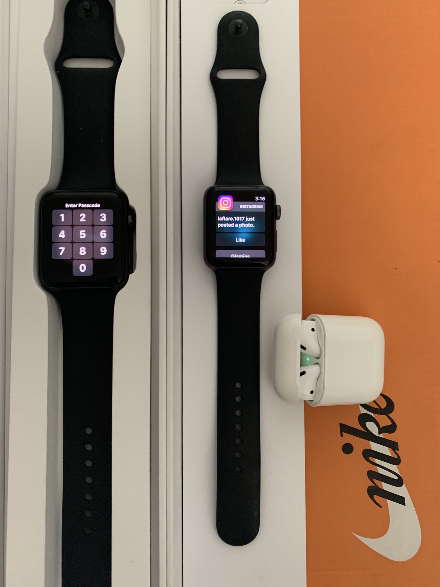 2 Apple series 3+cellular watches 42mm and gently used AirPods