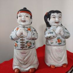 Pair Antique Boy & Girl Chinese Porcelain Good Luck Prayer Statues; 12 inches Tall.
