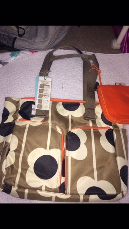 Brand new orange and brown flowered diaper bag