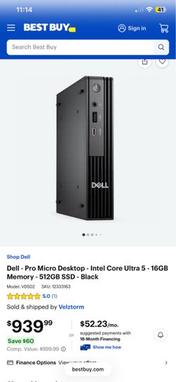Dell - Pro Micro Desktop - Intel Core Ultra 5 - 16GB Memory - 512GB SSD - Black