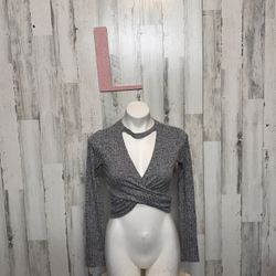 Forever 21 Gray Ribbed Twist Front Long Sleeve Crop Top Women’s Size Large NWT