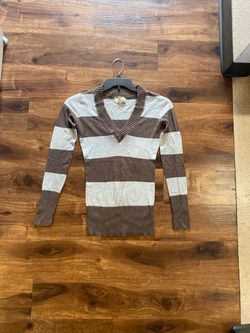 Aeropostale brand Woman’s Brown and Cream Striped V-Neck Sweater